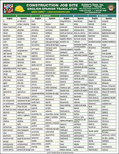 Construction Job Site English-Spanish Translator Quick-Card