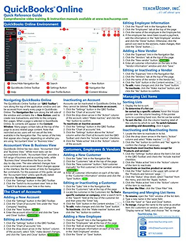 QuickBooks Online Quick Reference Training Card - Laminated Tutorial