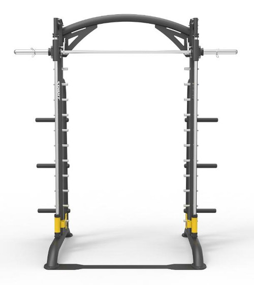 A Smith machine made of a heavy-gauge steel frame.