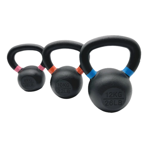 A row of cast iron kettlebells in different sizes.