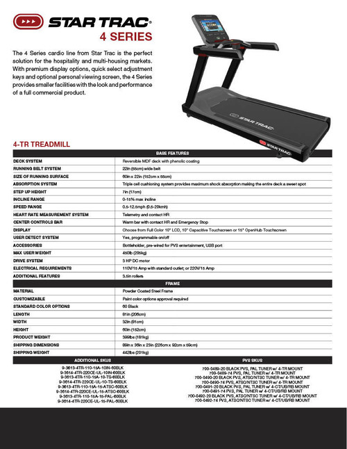 Star Trac STAR TRAC 4 SERIES 4TR TREADMILL  Star Trac STAR TRAC 4 SERIES 4TR TREADMILL