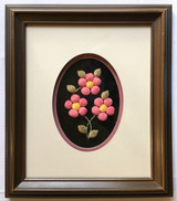 Framed Tufting Art work. Moonstone Creation made item. Medium: Moose Hair on Felt and/or Hide. Dimension 12"x14"x2". Item is described as: Pink and Yellow Flowers tufted with a pink and off white circular photo mat in a wooden frame.
