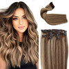 Clip in Hair Extensions, Ombre Brown to Chestnut Brown with Ash Blonde Highlights Balayage Human Hair Extensions 22Inch for Women 7pieces 70G Double