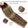 Clip in Hair Extensions, Ombre Brown to Chestnut Brown with Ash Blonde Highlights Balayage Human Hair Extensions 22Inch for Women 7pieces 70G Double