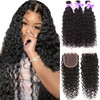 8A Brazilian Virgin Water Wave Human Hair 3 Bundles With 4x4inch Free Part Lace Closure Wet and Wavy Bundles with Closure Ocean Wave Curly Human Hair