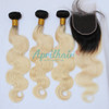 Aprilhair Pre-plucked 3 Bundles With 4x4 Lace Closure Dark Root 1B/613 Platinum Blonde 2 Tone Ombre Unprocessed Brazilian Virgin Human Hair Weave Bod
