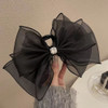 Black Tulle Bow Hair Clip with Rhinestones - Large Claw Hair Accessory for Thick Hair Ponytails, Chiffon Bow and Mesh Bowknot