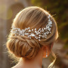Catery Pearl Bridal Headband Silver Rhinestone Hair Vine Headpiece Wedding Hair Accessories for Brides
