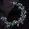 Teyglen Green Rhinestones Pearls Crystals Long Headband Handmade Bridal Silver Crystal Headband Wedding Hair Accessories for Brides Hair Pieces Headp