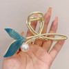 Blue Fish Tail Hair Clips with Pearl Mermaid Hair Claw Clips for Women Big Gold Metal Hair Clip Strong Hold Hair Clamps Nonslip Hair Barrettes Large