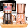 Premium Salt and Pepper Grinder Set with Bamboo Holder - 6 oz, Copper Stainless Steel - S&P Spice Shakers - Refillable & Adjustable Coarseness Hand M