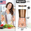 Premium Salt and Pepper Grinder Set with Bamboo Holder - 6 oz, Copper Stainless Steel - S&P Spice Shakers - Refillable & Adjustable Coarseness Hand M