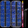 Multi Shapes Dark Blue 3D Glass Crystal Nail Art Rhinestones Kit with Flatback Round Bead Charm Gem Stone Jewelry Diamond with Pickup Pen + Tweezer f