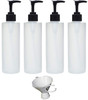 Earth's Essentials Four Pack of Refillable 8 Oz. HDPE Plastic Pump Bottles with Patented Screw On Funnel-Great for Dispensing Lotions, Shampoos and M