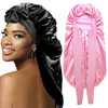 2Pcs Bonnets for Black Women Braid Bonnet, Large Long Satin Bonnet for Braids, Silk Bonnet with Stretchy Tie Band Sleep Cap Hair (2Pcs-Black&Pink)