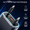 TOENNESEN Retractable Car Charger USB C 131W 4-in-1 Fast Charging with 2 Retractable Cables Car Phone Charger Adapter for iPhone 17 Pro Max 16 15 14