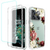 Tothedu Phone Case for OnePlus 10T 5G/OnePlus Ace Pro Case, CPH2415 Case with Tempered-Glass Screen Protector, Cute Clear Floral Pattern Full Body Pr