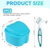 KISEER 2 Pack Denture Bath Case Cup Box Holder Storage Container with Denture Cleaner Brush Strainer Basket for Travel Cleaning (Light Blue and Blue)