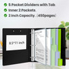 BVSSX 3 Ring Binder with Clipboard,2 Inch Binders with Notepad&5 Dividers with Pockets, Labels,PU Clipboards for School Office(Black,Letter Size)