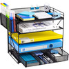 lemonsea Desk Organizers with File Holder, 5-Tier Paper Organizer Letter Tray with Sliding Drawers and Extra Pen Holder, Mesh Desktop File Organizer