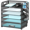 SUPEASY 6 Tier Desk Organizer with 4 Pen Holders, Mesh Paper Organizer Letter Tray with Handle, Desk Organizer Tray File Organizer for A4 File Folder