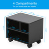 FITUEYES Mobile Printer Stand with Storage, Under Desk Black Wood Small Rolling Printer Table Work Cart with Wheels and 3 Compartment Organizer Space
