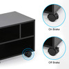 FITUEYES Mobile Printer Stand with Storage, Under Desk Black Wood Small Rolling Printer Table Work Cart with Wheels and 3 Compartment Organizer Space