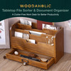Rustic Wooden Desk Organizer - Vertical File Sorter with 3 Compartments & 1 Paper Tray Drawer - Mahogany Wood