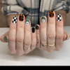 Spring Press on Nails Medium Oval Fake Nails Tortoiseshell False Nails Press ons with Flower, Checkered Design,Cute Reusable Artificial Nail Full Cov