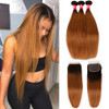 Haha Ombre Brazilian Straight Hair 3 Bundles with Closure Ombre Human Hair Bundles With Closure 2 Tone T1B30 Black to Me