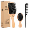 Boar Bristle Hair Brush and Comb Set for Women Men Kids Best Natural Wooden Paddle Hairbrush and Small Travel Styling Br