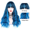 ENTRANCED STYLES Blue Wig with Bangs Long Wavy Blue Wig with Air Bangs Synthetic Wigs for Women Curly Wigs for Daily Par