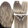 Full Shine Blonde Clip in Hair Extensions Real Hair Double Weft Clip in Extensions Balayage Ash Grey Fading to Blonde Ha