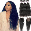 Brazilian Deep Wave Bundles with Closure Virgin Human Hair Bundles with Closure 44 Lace Mixed Length Hair Bundles Natura