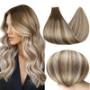 Full Shine Human Hair Tape in Extensions 12Inch Darker Brown to Ash Brown Highlight Medium Blonde Tape ins for Women Pu