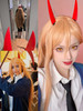 Half and Half Power Cosplay Wig 39 Long Straight Anime Orange Wigs with Bangs Horn Hairpins Wig Cap for Women Halloween