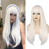ANOGOL Hair Cap 26 Inch Long Straight White Wigs with Bangs Silver Synthetic Hair Adult Gojo Cosplay Wig Female White An