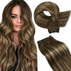 LaaVoo Sew in Hair Extensions Real Human Hair Straight Sew in Hair Extensions Brown Balayage Caramel Blonde Mix Brown Hu