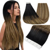 Full Shine Tape in Hair Extensions Color 1B Off Black Fading to 6 and 27 Honey Blonde 16 Inch Invisible Hair Extensions