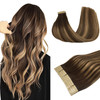 DOORES Tape in Human Hair Extensions Balayage Chocolate Brown to Caramel Blonde Straight Remy Hair 50g 20pcs 14 Inch