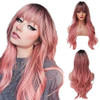 EMMOR Long Ombre Pink Wig for Women Natural Curly Hair Synthetic Wigs With Bang Dark Root Party Cosplay Daily Use 2pcs F