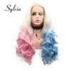 sylvia Ombre Platinum Blonde to Blue Pink Lace Front Wig Rainbow Colorful Synthetic Wigs 24 Inch Body Wave Half Hand Tie