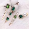 4PCS Vintage Green Crystal Pearl Gold Bobby Pins Decorative Hair Slides Clips Accessories Women