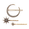 3 Pcs Women Fashion Retro Geometric Metal Alloy Bobby Pins Hair Pin Rhinestone Moon Star Snowflake Side Clip Hair Clips