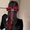 Jumwrit Big Pearl Hair Bow Clip Strong Hold Hair Barrette with Long Ribbon Tassel Soft Velvet Hair Bowknot Fashion Hair