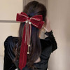Jumwrit Big Pearl Hair Bow Clip Strong Hold Hair Barrette with Long Ribbon Tassel Soft Velvet Hair Bowknot Fashion Hair