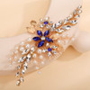 Teyglen Bridal Wedding Crystal Hair Comb Gold Leaf Blue Flower Side Hair Comb Rhinestone Wedding Hair Pieces Hair Jewelr