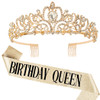 COCIDE Birthday Queen Sash Rhinestone Tiara Set Gold Happy Birthday Crowns for Women Party Decoration Kit Rhinestone Hea