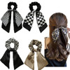 DINPREY 4PCS Short Hair Scarf with Ribbon Bow Scrunchies Plaid Hair Ties Chiffon Bowknot Hair Scrunchies for Women
