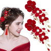 2 Pack Red Flower Hair Clips Rose Floral Bridal Hairpins Crystal Pearl Flower Bride Headpiece Red Wedding Accessories fo